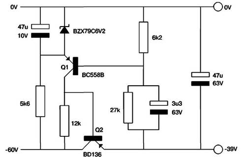 Принципиальная схема стабилизации отрицательного напряжения 
смещения на двух транзисторах