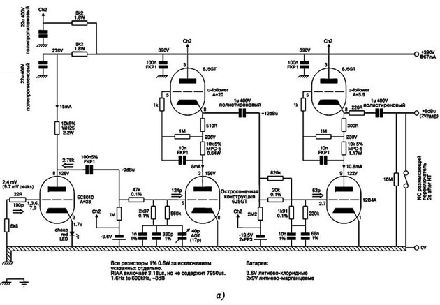 Окончательная схема предусилителя с μ-повторителем на лампе типа 
ЕС8010 блока частотной коррекции RIAA