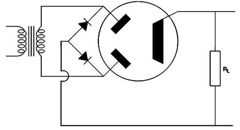 Схема выпрямителя с комбинированным использованием лампового 
 и полупроводниковых выпрямительных диодов