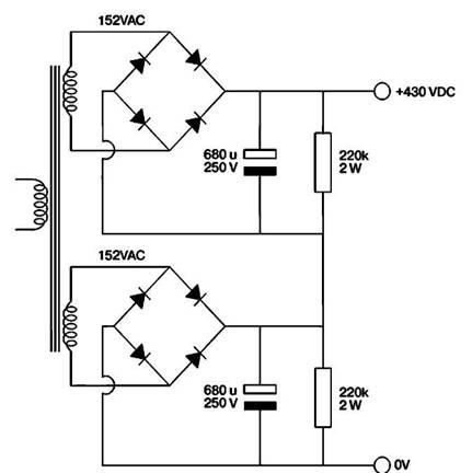 Схема высоковольтного, превышающего значение 340 В, источника 
выпрямленного напряжения с электролитическими конденсаторами